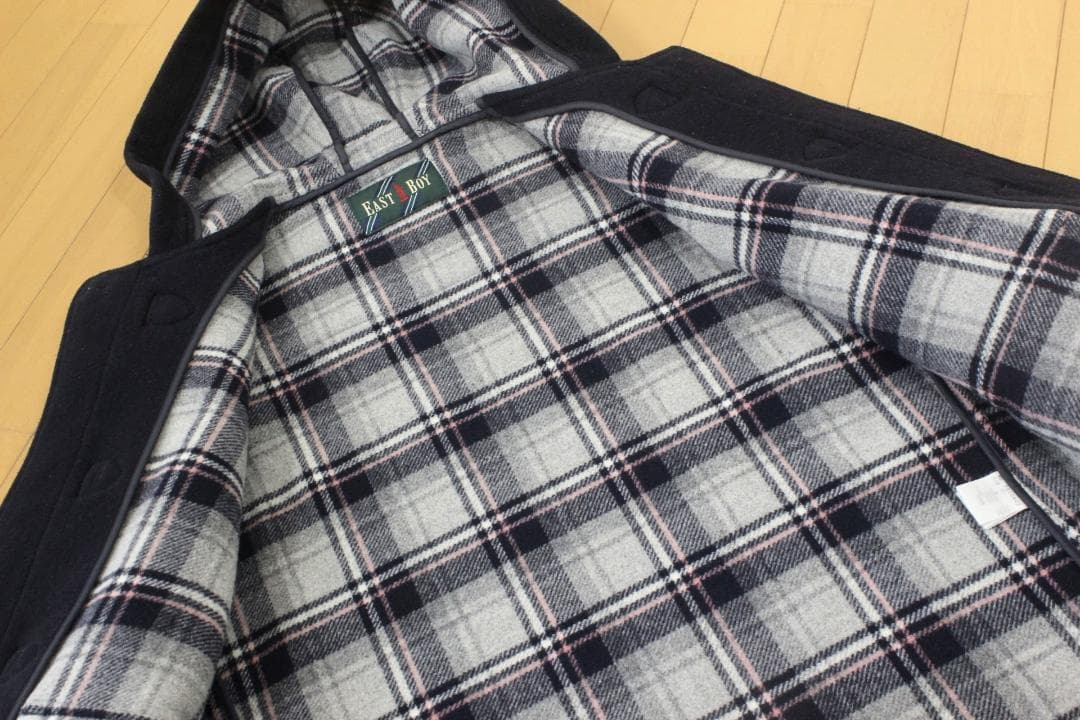 51【美品】イーストボーイ ダッフルコート 11 ネイビー 紺 L 裏チェック柄