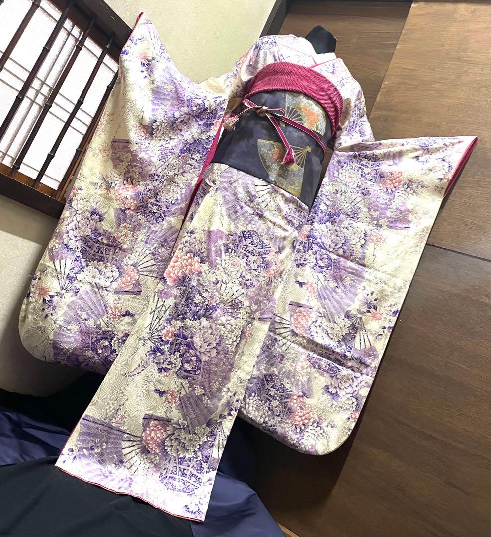 振袖 フルセット6点サイズS〜M 貝桶花文正絹袋帯唐織扇面御所車花文　金銀糸引箔