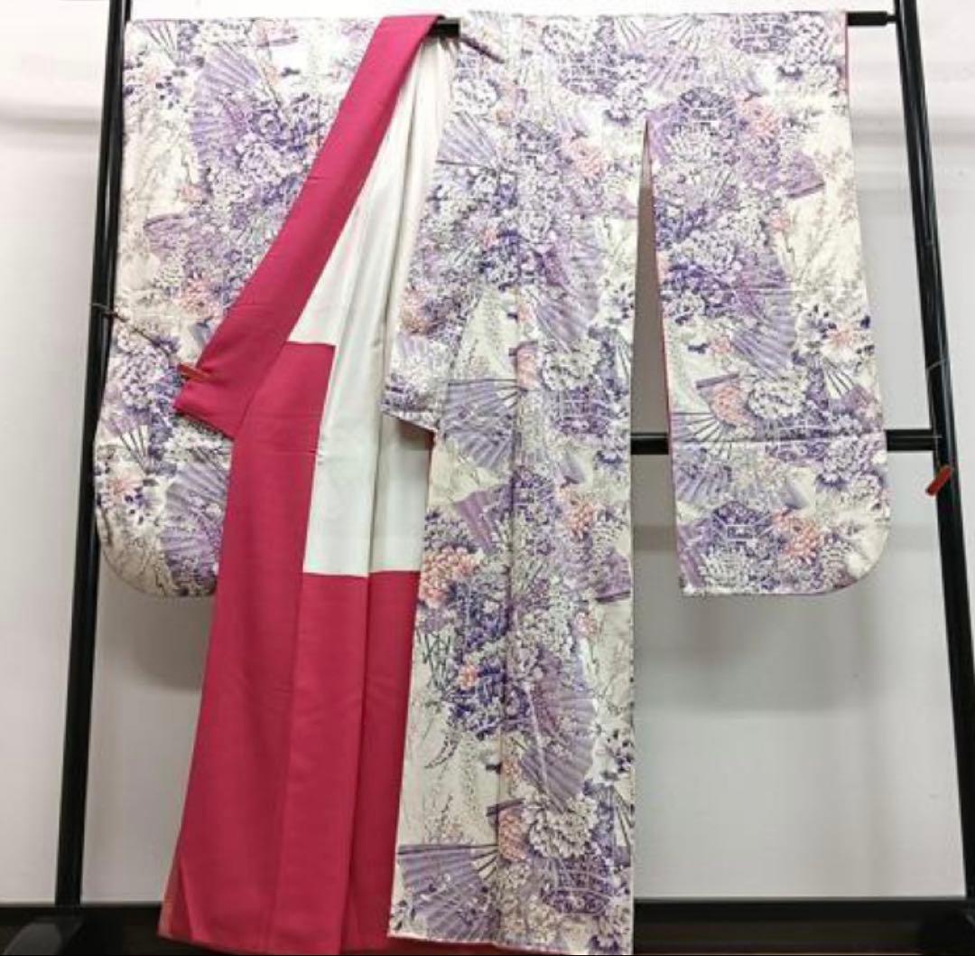 振袖 フルセット6点サイズS〜M 貝桶花文正絹袋帯唐織扇面御所車花文　金銀糸引箔