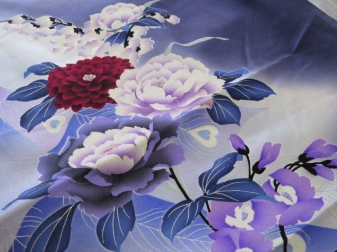 振袖　成人式 仮絵羽未仕立て　 未着用 紫系孔雀牡丹紋様美品