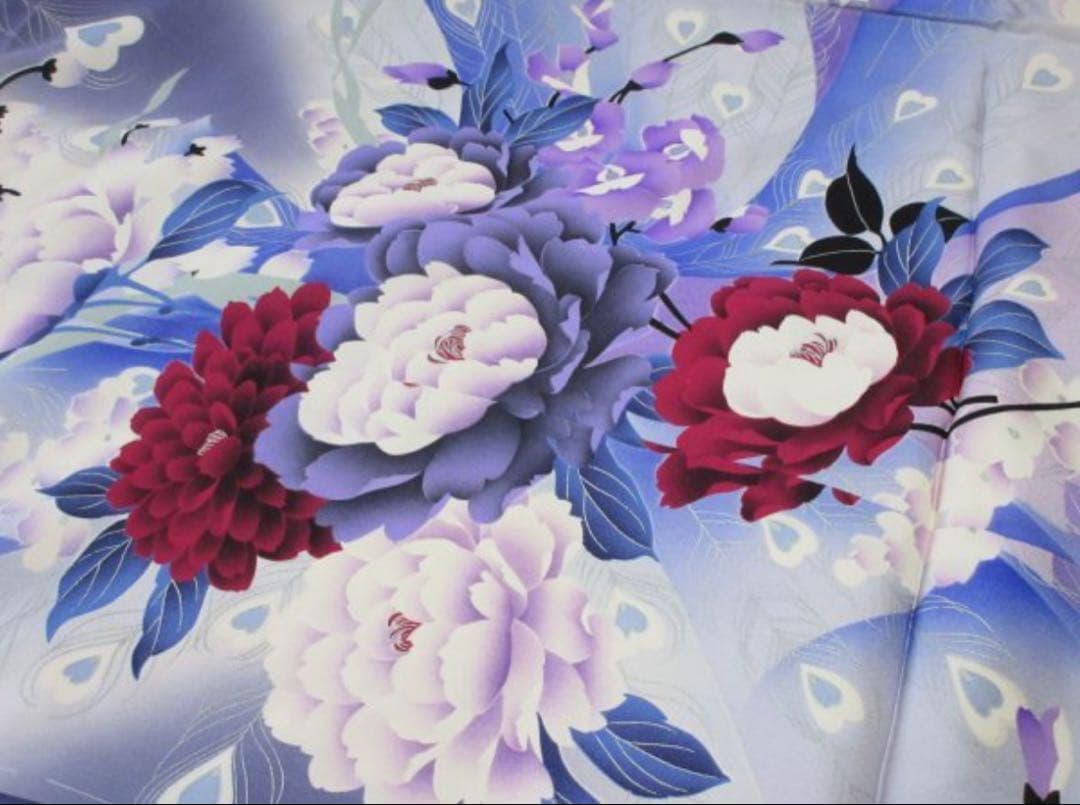 振袖　成人式 仮絵羽未仕立て　 未着用 紫系孔雀牡丹紋様美品