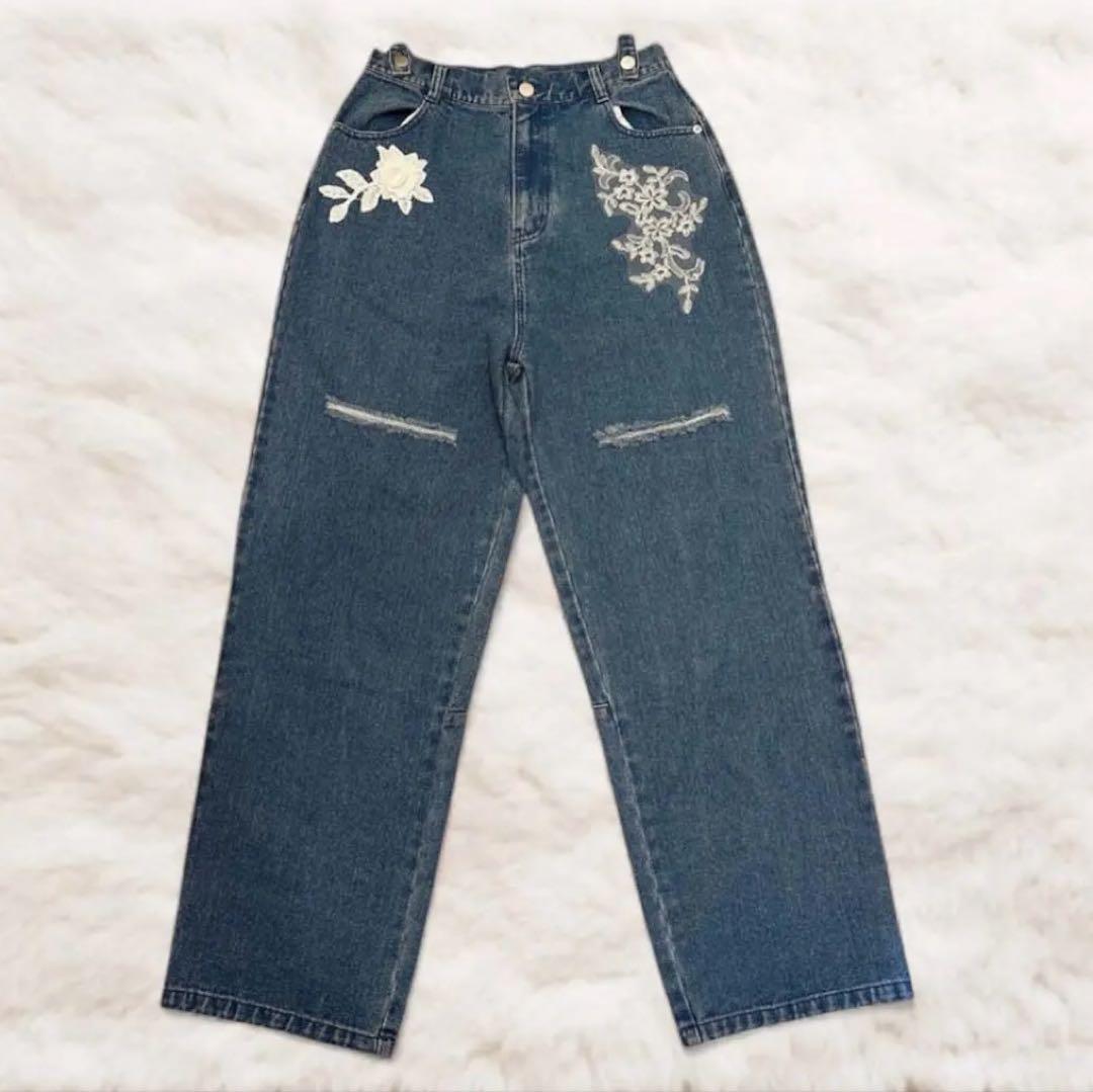 現行品✨️willfully レース 刺繍 ダメージ加工 ストレート デニム M