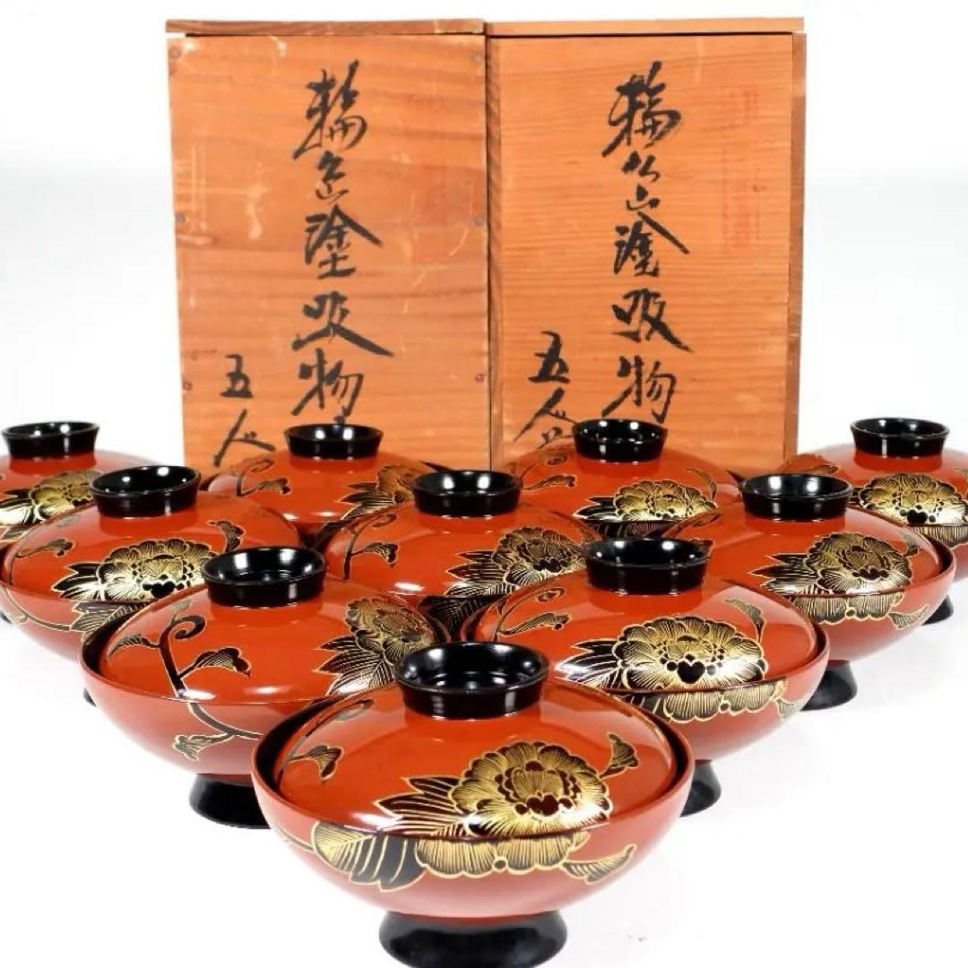 輪島塗　懐石椀汁椀　蒔絵椀　上質朱漆　牡丹沈金 蓋碗十客 共箱