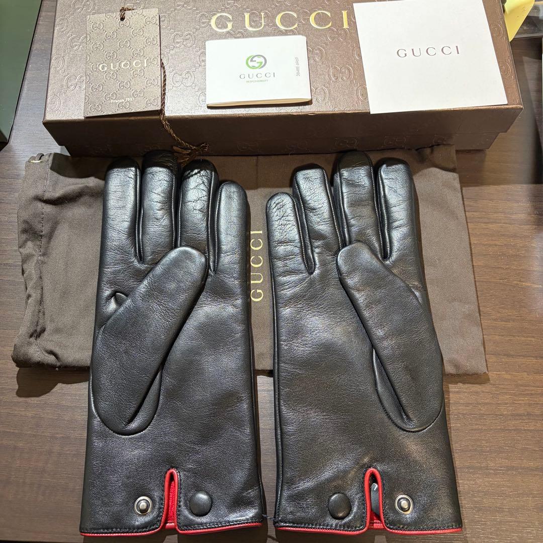 未使用 グッチ GUCCI ラムレザー カシミヤライナー ブラックレッド手袋