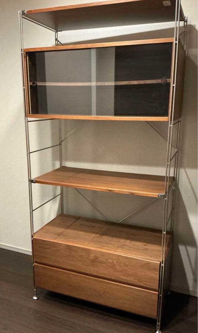 無印良品ステンレスユニットシェルフウォールナット材引き出し、ガラス戸付き