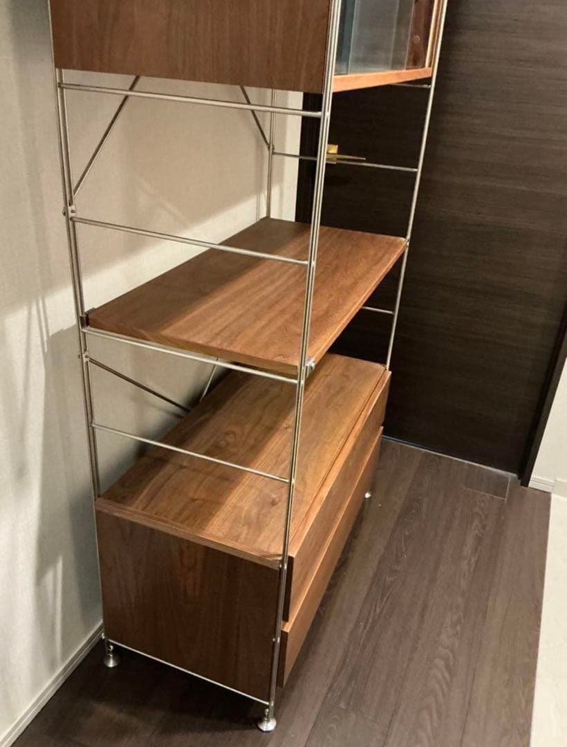 無印良品ステンレスユニットシェルフウォールナット材引き出し、ガラス戸付き