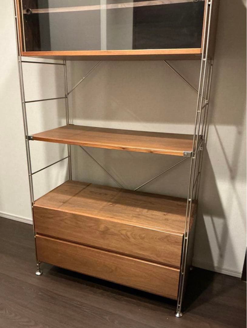 無印良品ステンレスユニットシェルフウォールナット材引き出し、ガラス戸付き