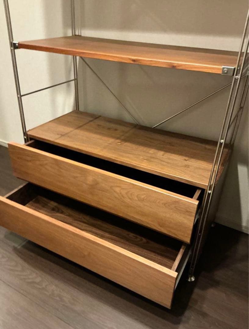 無印良品ステンレスユニットシェルフウォールナット材引き出し、ガラス戸付き