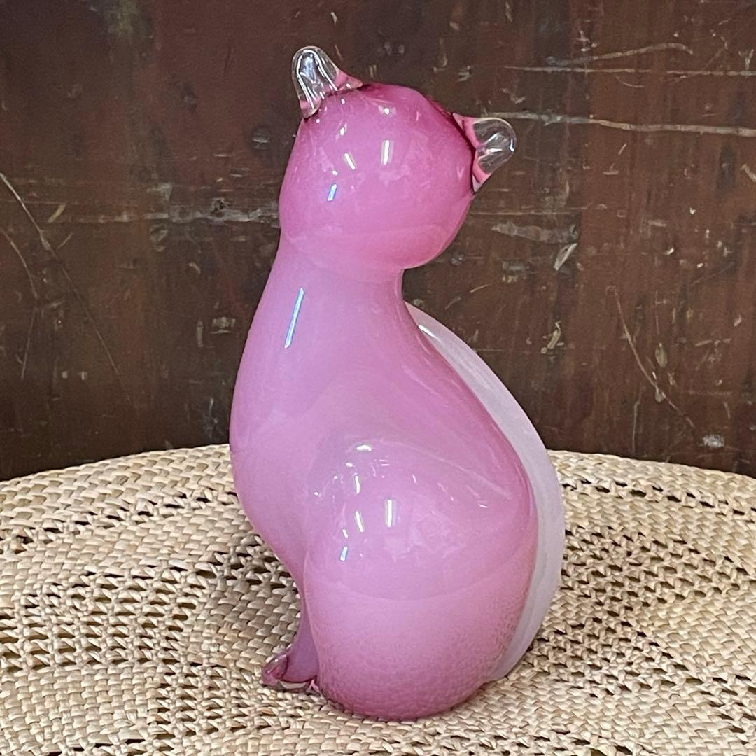 美品　ムラーノガラス ねこ 猫 置物 インテリア ガラス　ピンク