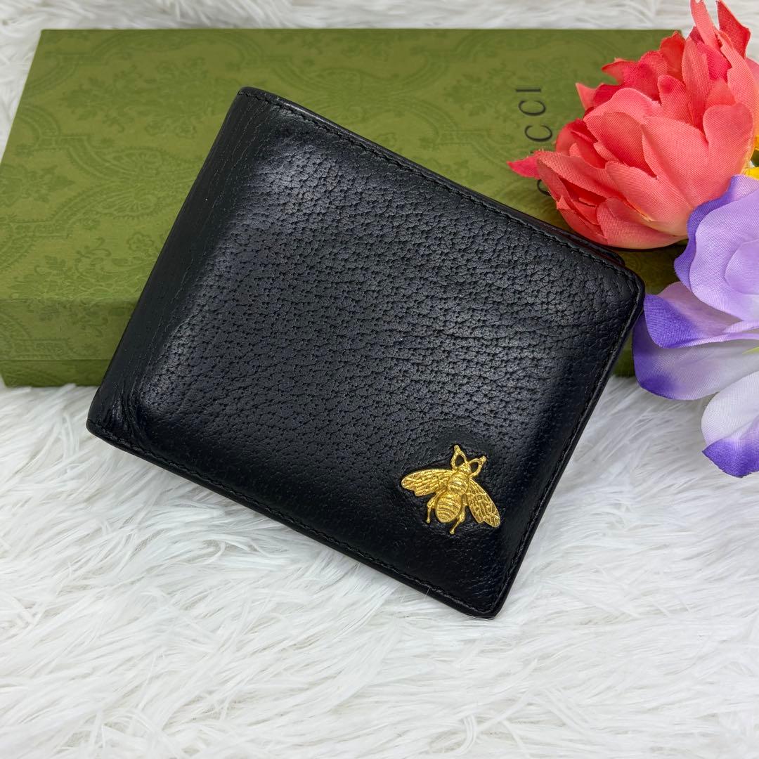 美品✨️グッチ 二つ折り財布 アニマリエ ビー 蜂 ハチ レザー ブラック