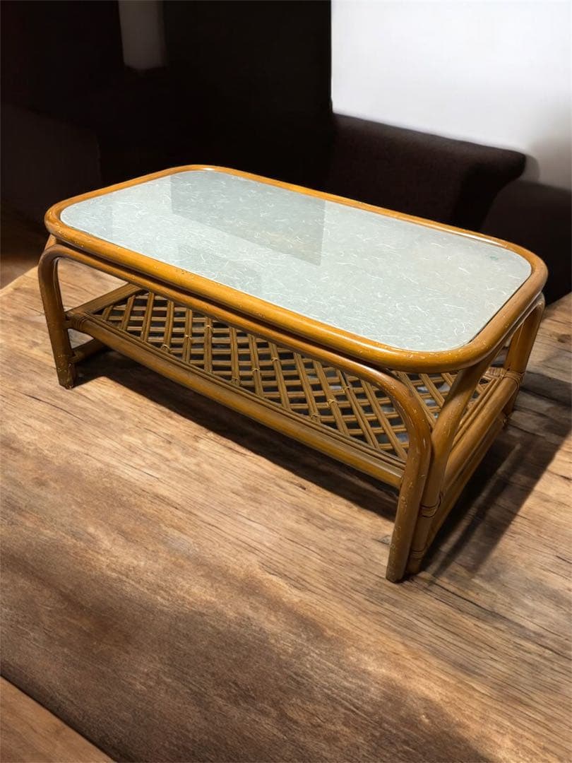 ラタン　籐　ラタンテーブル　ガラステーブル　ローテーブル　レトロ　アンティーク