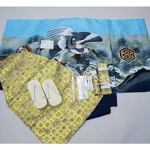 七五三 五歳 男児 羽織袴フルセット 紋袴 水色 鷹 袴変更可能 NO34372