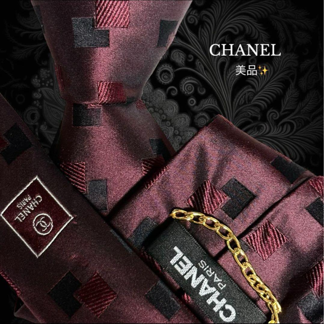 CHANEL シャネル ネクタイ レッド ボルドー ココマーク 光沢 イタリア製