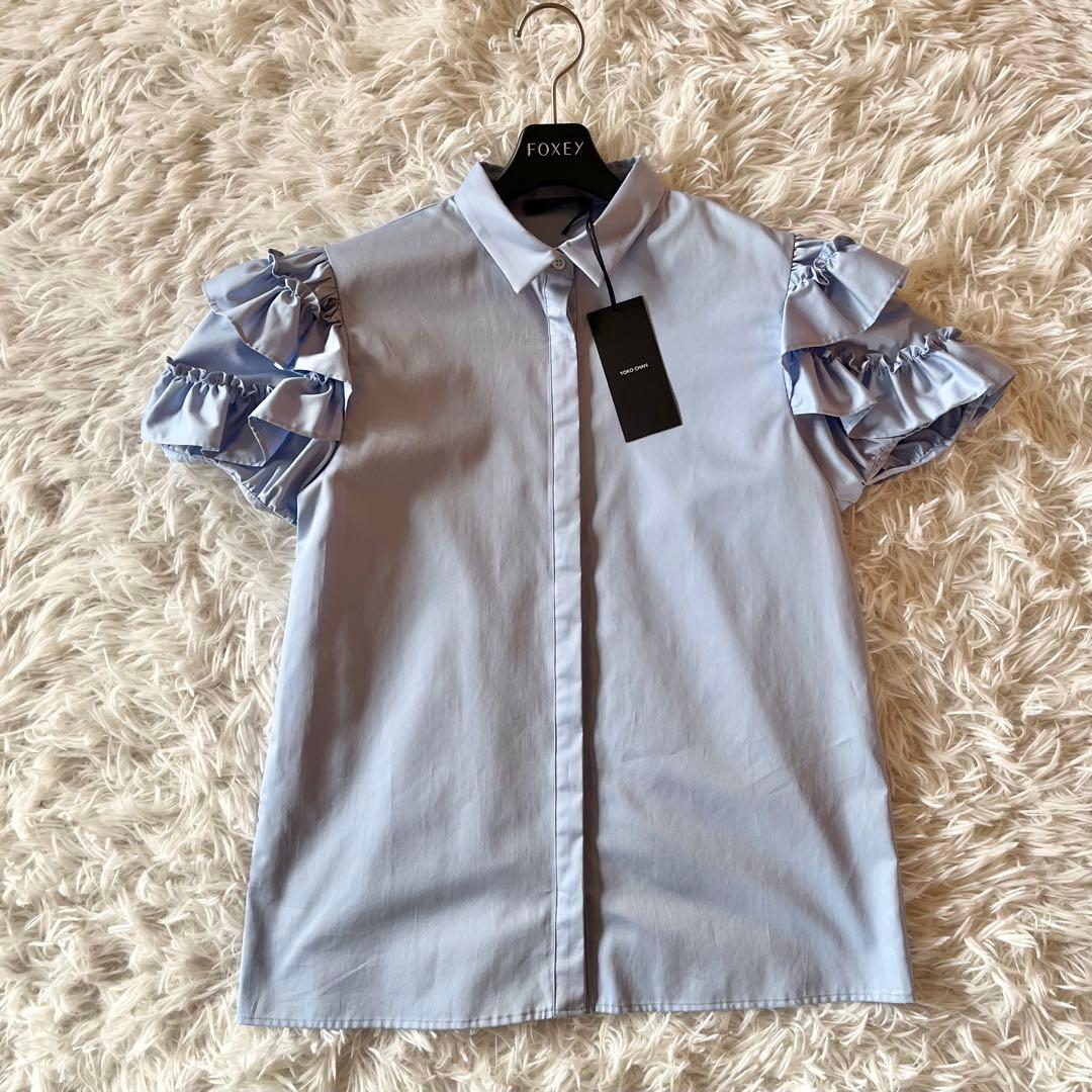 タグ付き✨ ヨーコチャン ラッフルトリムスリーブコットンブラウス SAX 近年