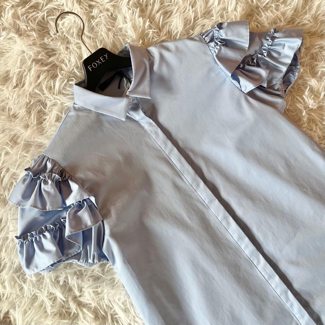 タグ付き✨ ヨーコチャン ラッフルトリムスリーブコットンブラウス SAX 近年