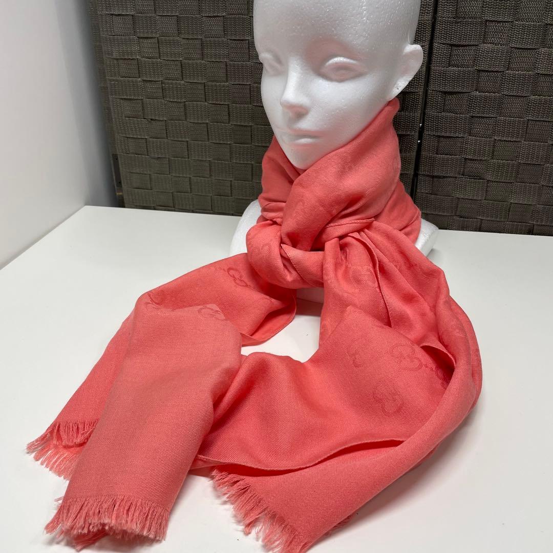 M*送様 GUCCI GG柄　コーラルピンク 大判ストール フリンジ付き