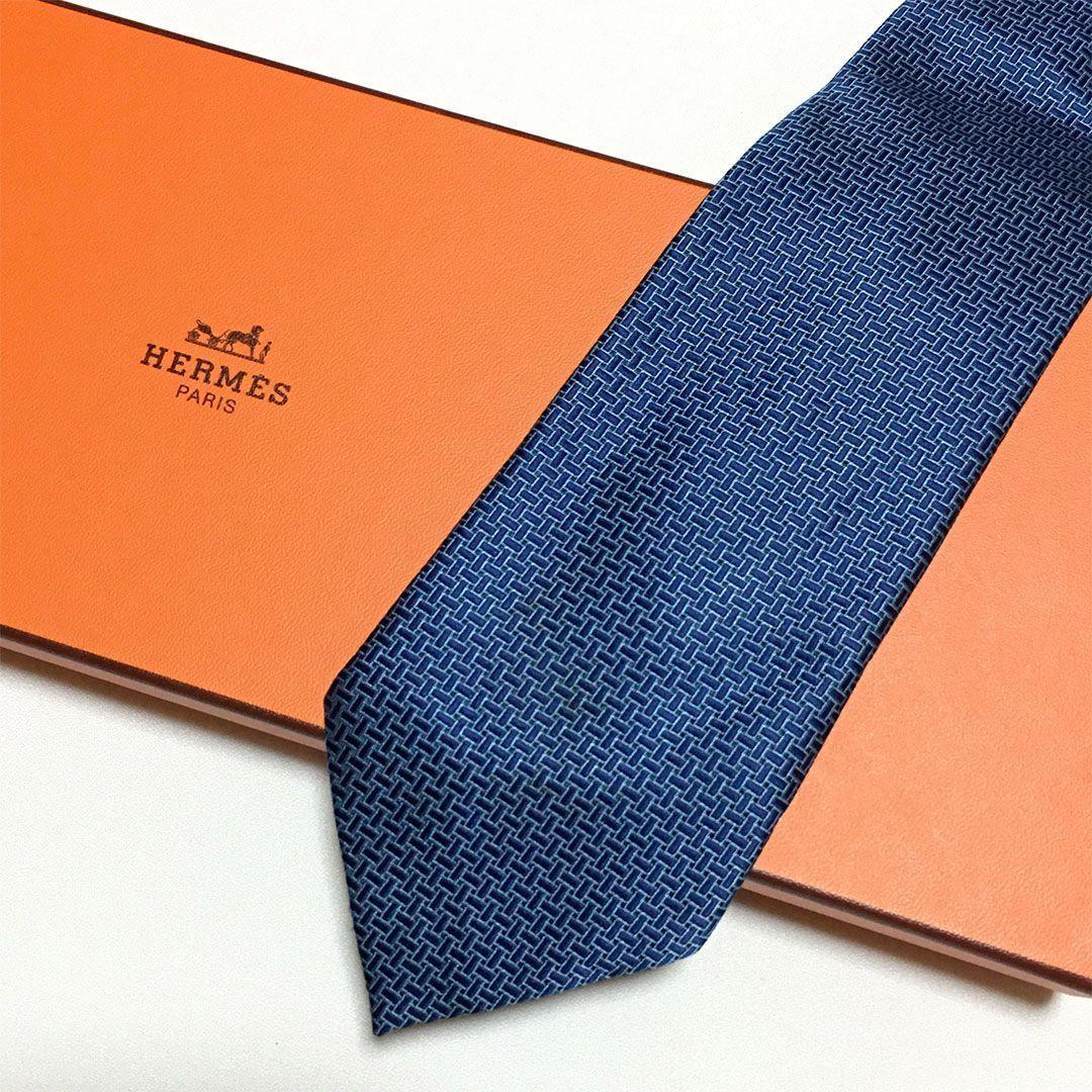未使用級 エルメス HERMES ネクタイ シルク100% ブルー 総柄