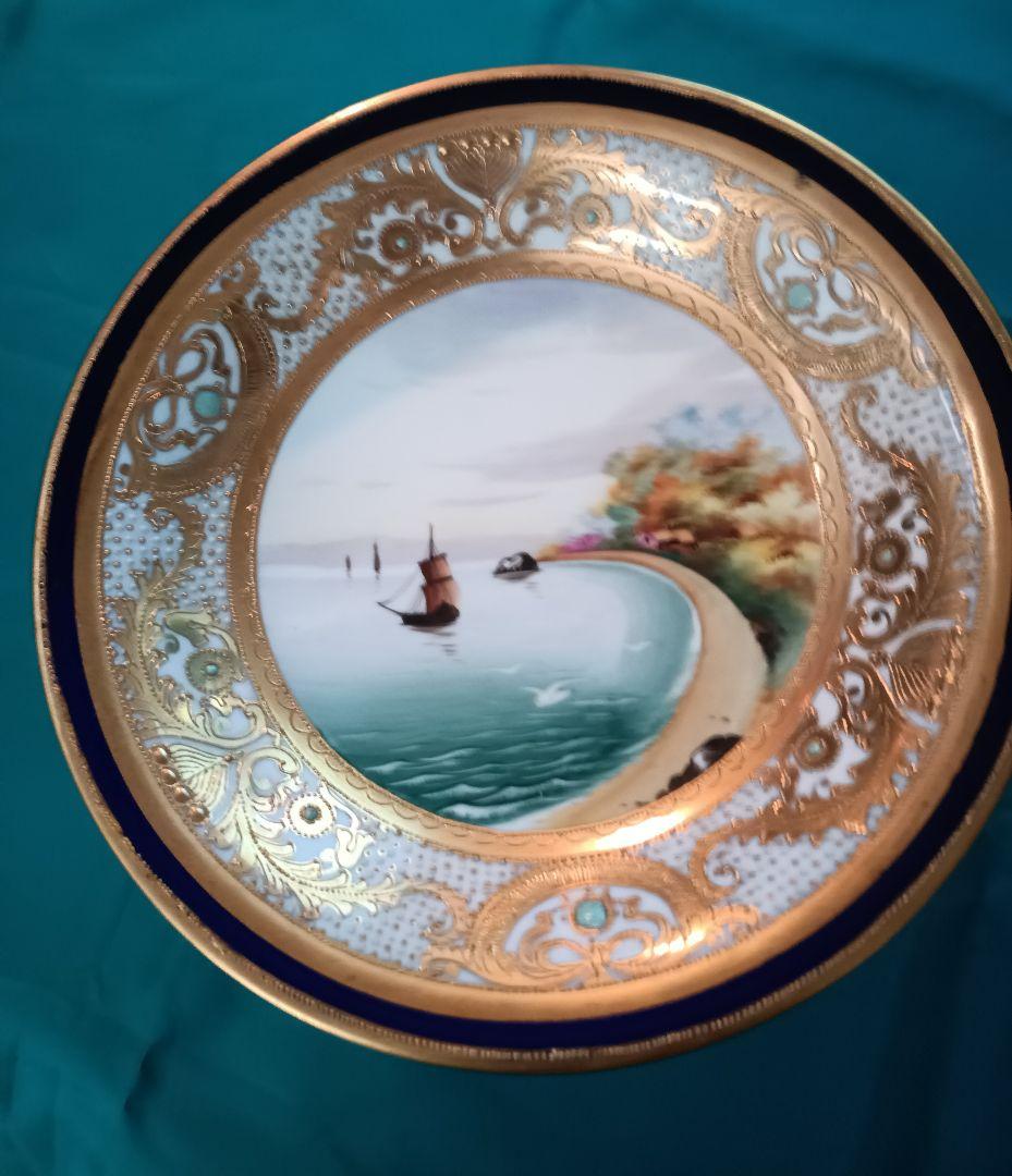【オールドノリタケ】　金盛ジュール藍線帯帆船風景紋図　コンポート