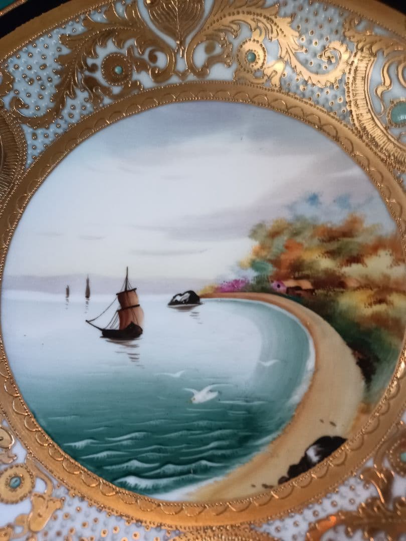 【オールドノリタケ】　金盛ジュール藍線帯帆船風景紋図　コンポート