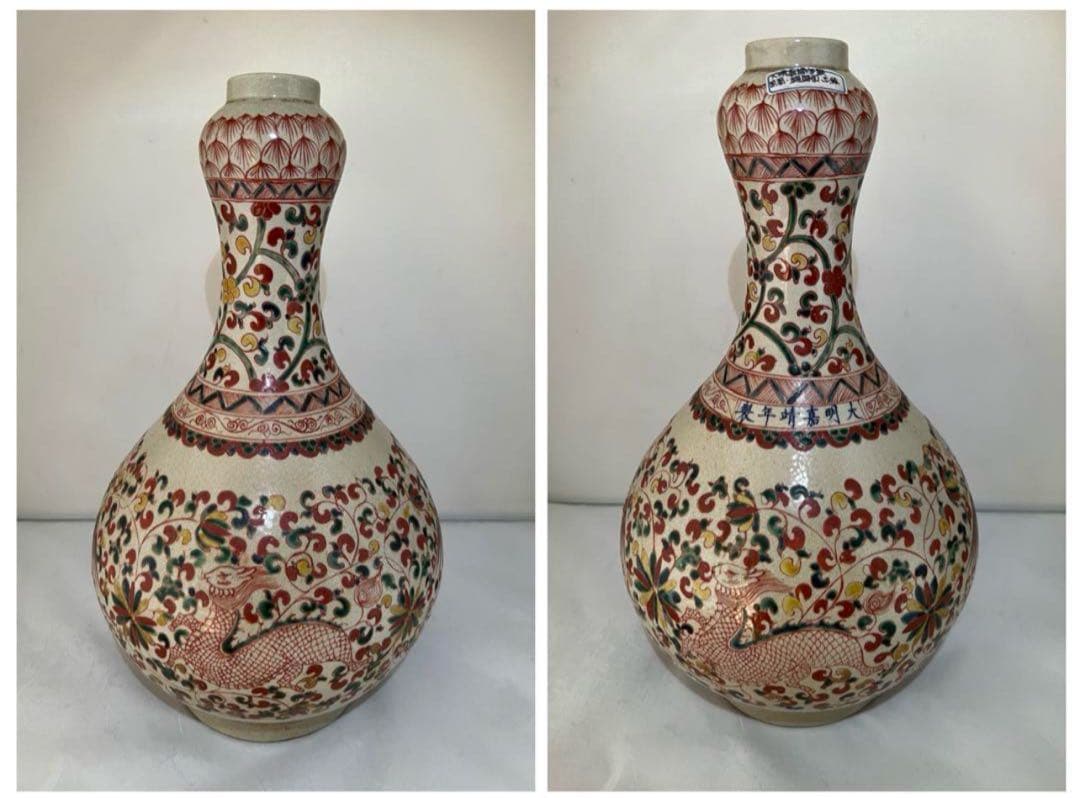 中国古美術•明時代五彩鳳凰花卉文蒜頭瓶•麒麟図•大明嘉靖年製在銘/共箱/陶器花瓶