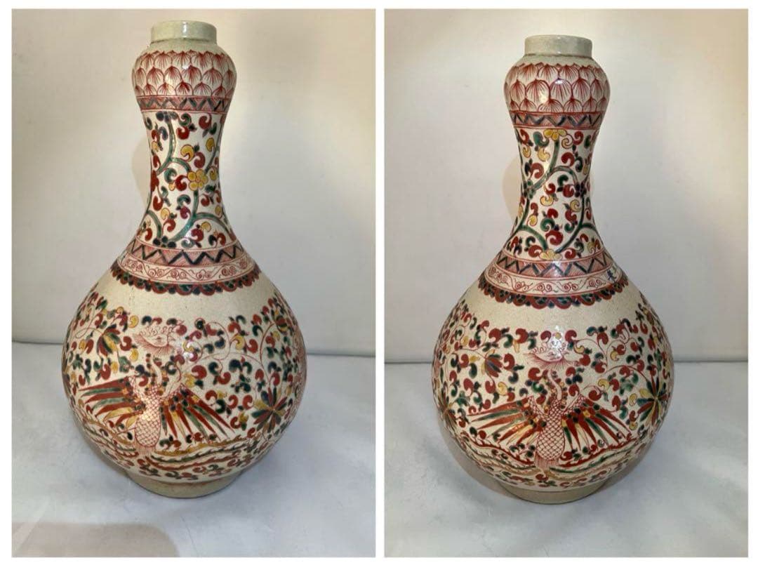 中国古美術•明時代五彩鳳凰花卉文蒜頭瓶•麒麟図•大明嘉靖年製在銘/共箱/陶器花瓶