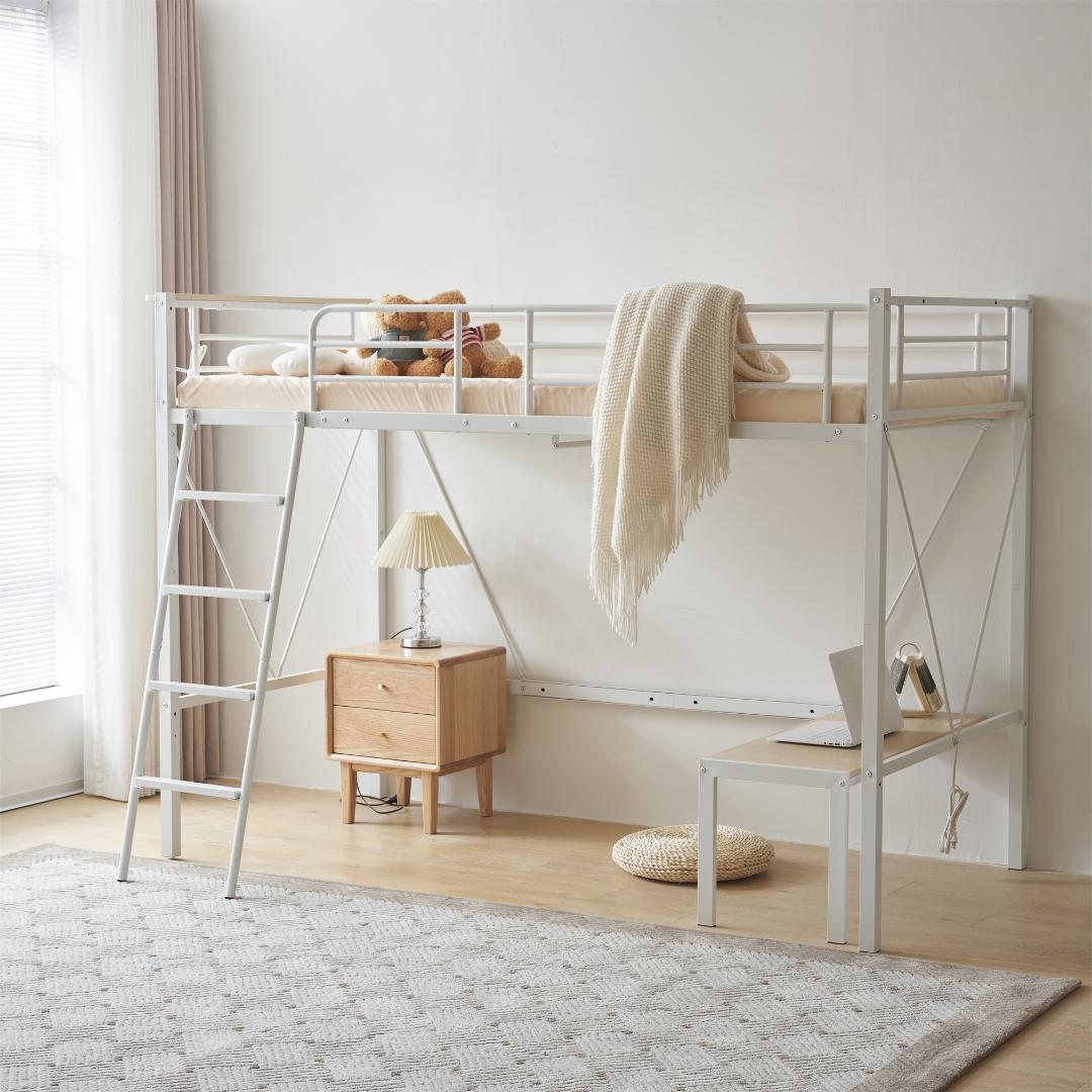 人気再入荷！ロフトベッド（S）コンセント・ローデスク付き耐荷重150kgホワイト