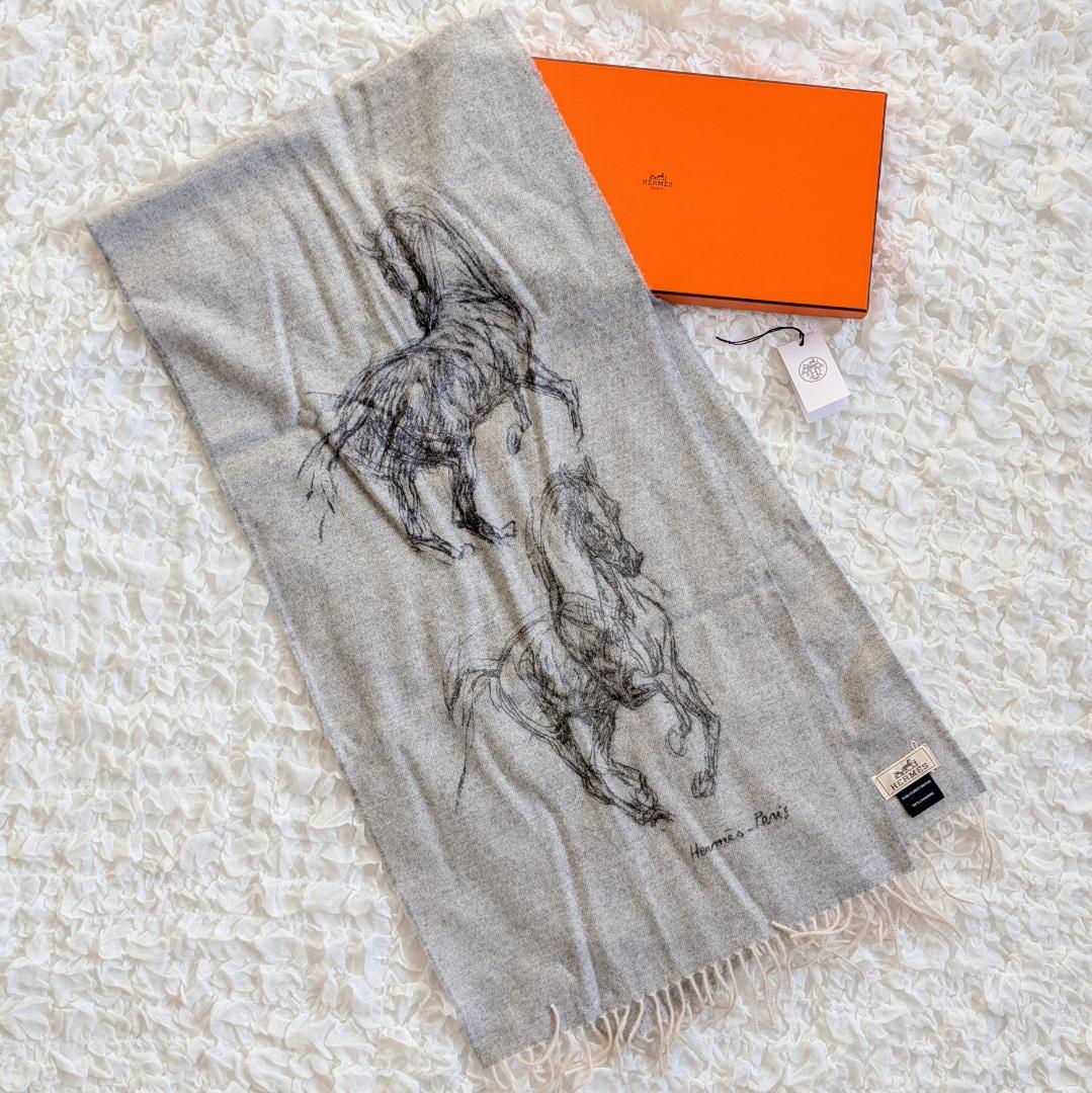 美品 エルメス マフラー ギャロップのピルエット カシミヤ グレー ストール