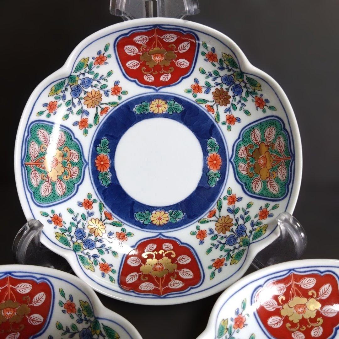 未使用 有田焼 賞美堂 其泉 染錦 中皿　5枚　銘々皿　輪花皿　金彩 古伊万里