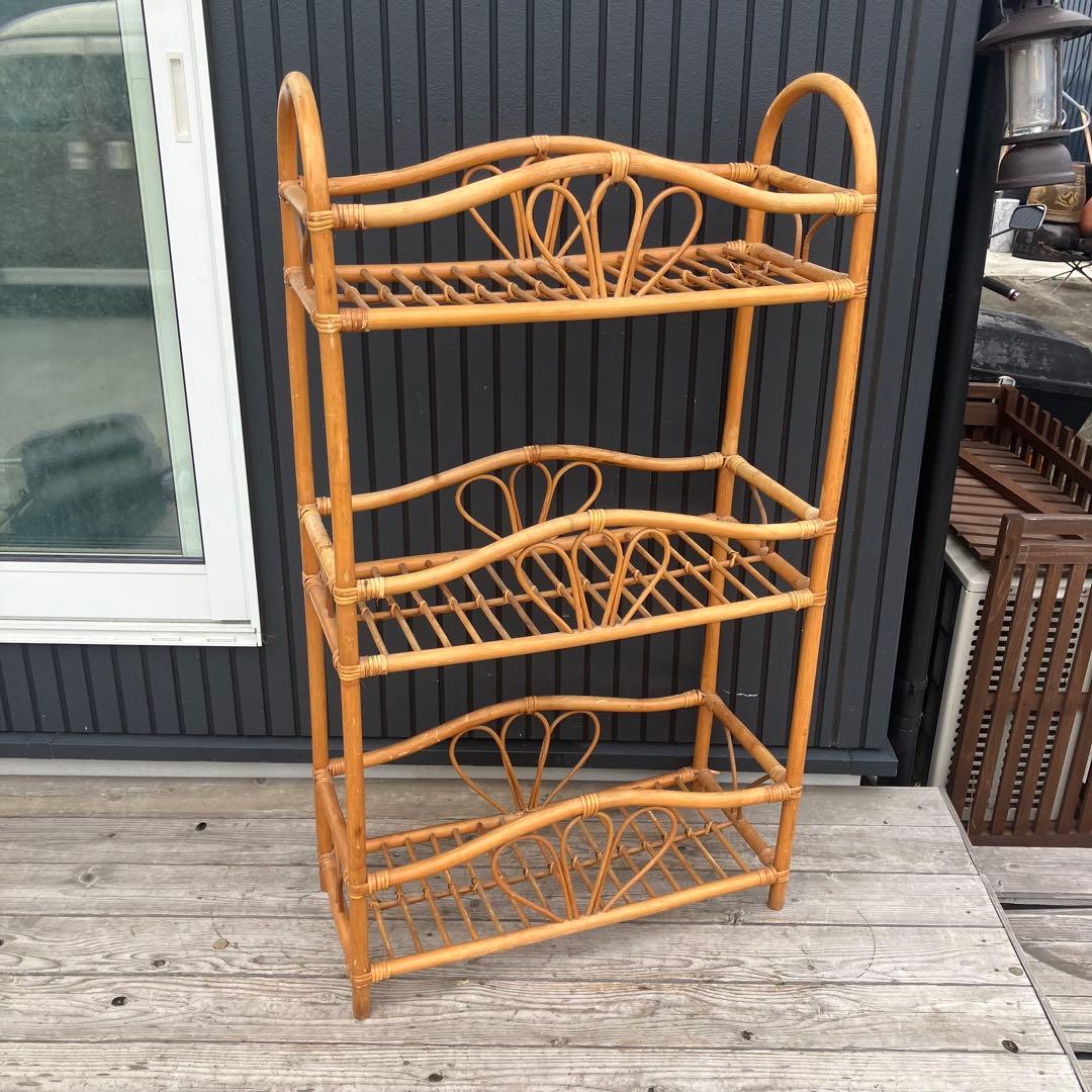 昭和レトロ ラタンラック フラワーラック 3段 オープンラック 花台 飾り棚