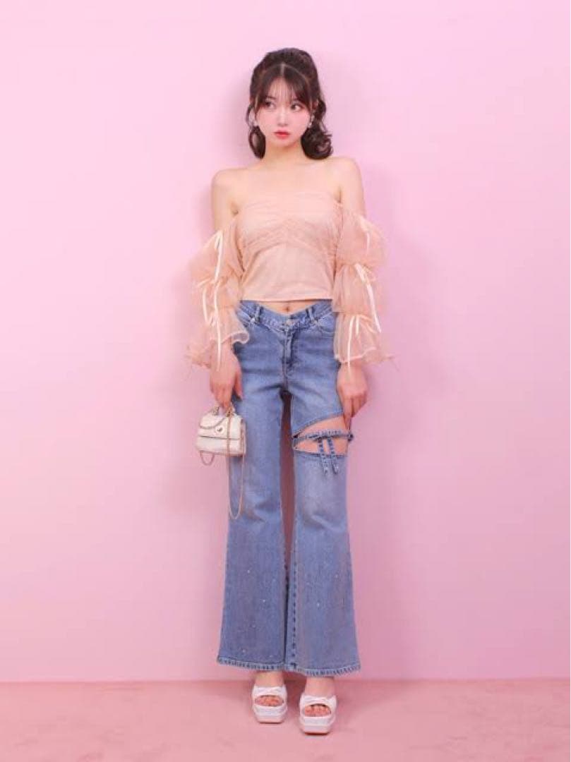 mmeeme エムミーエメ Vラインウエストリボンフレアデニム XS