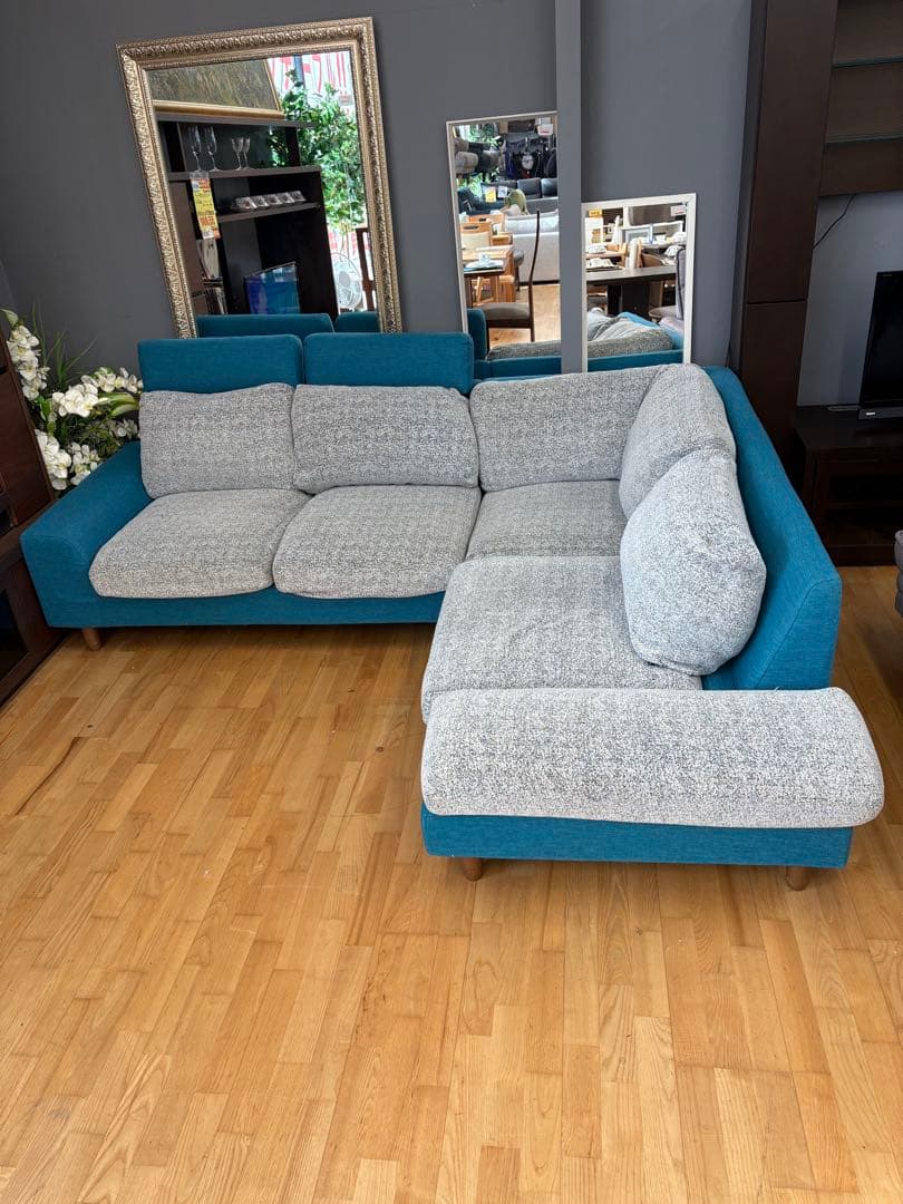 M107カウチソファー L字型 2280mm 緑グレー