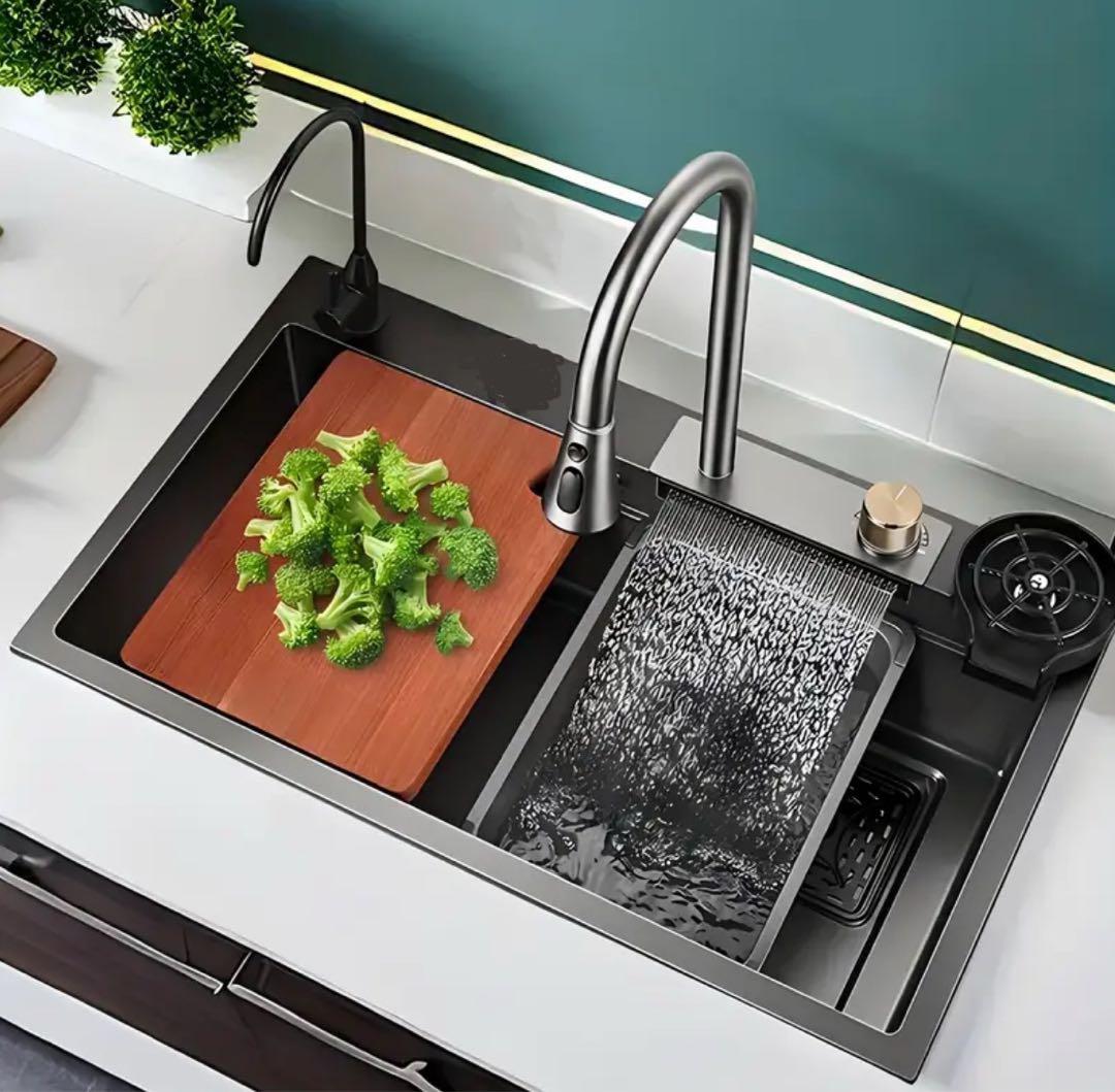 訳あり シンク完全セット 蛇口水栓 シャワー配管 まな板 シックグレー 滝流し台