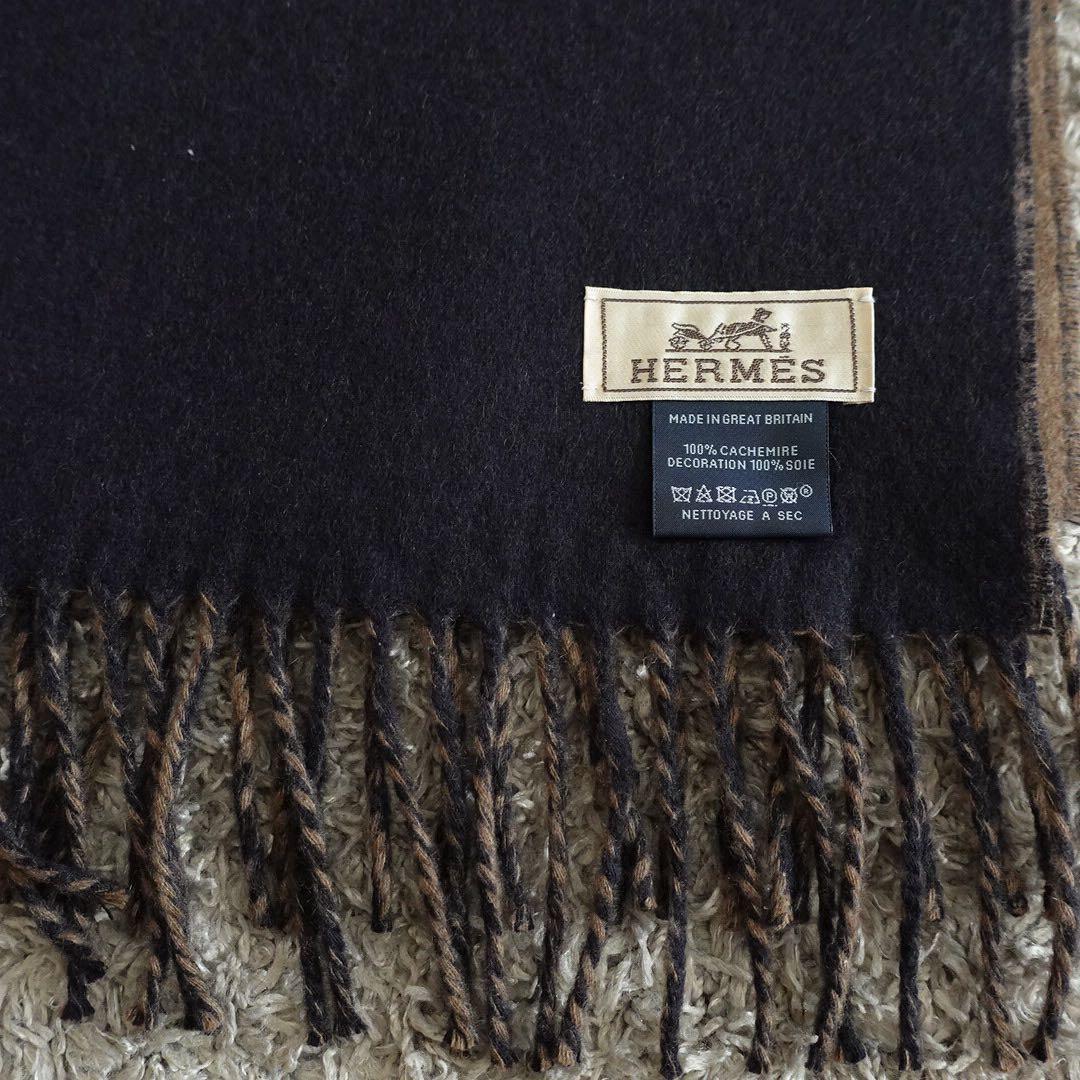 極美品✤エルメス マフラー フラワーモチーフブラウン×ネイビー ユニセックス