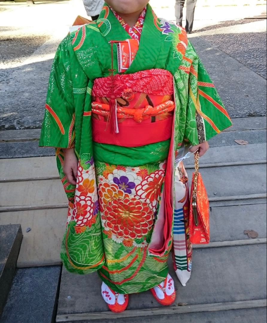 正絹　七五三用 花柄 緑色着物