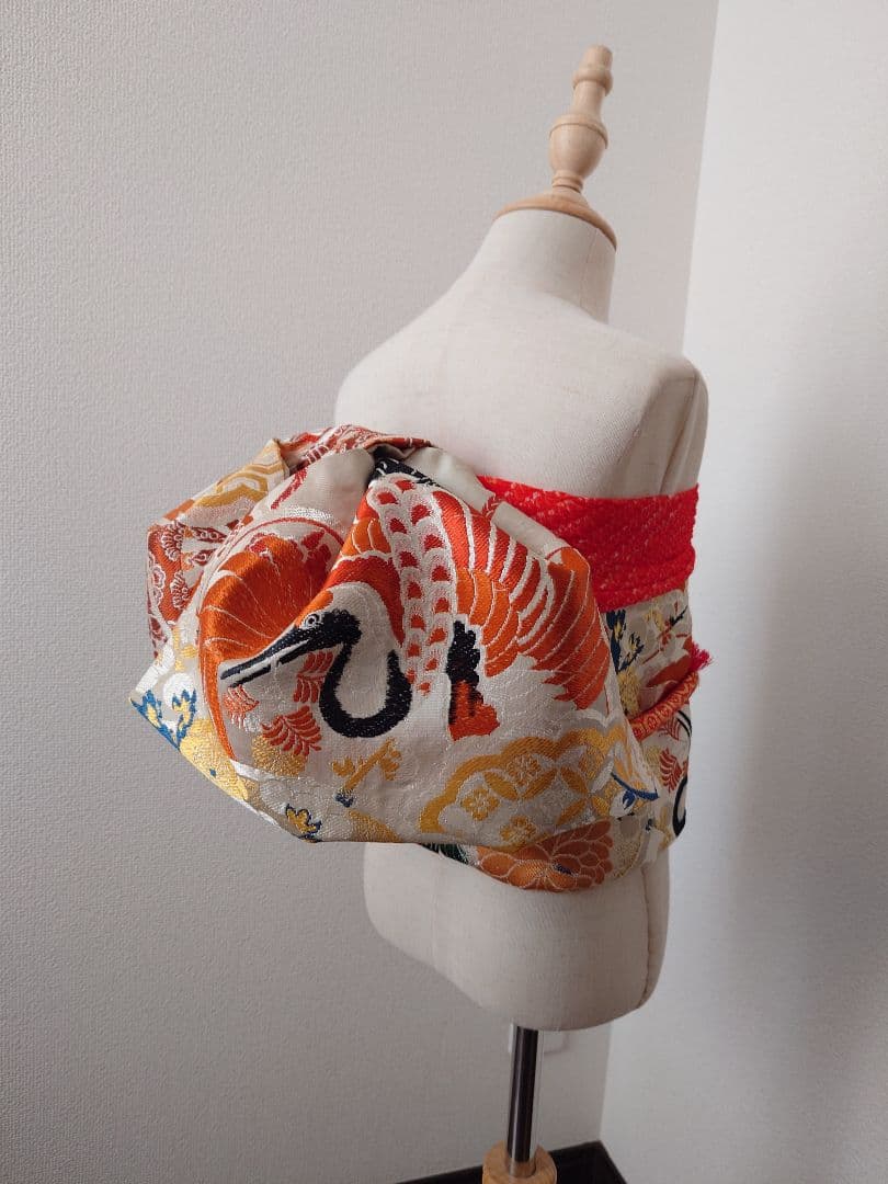 正絹袋帯からの作り帯　文庫結び　アンティーク　七五三ジュニア帯　鶴