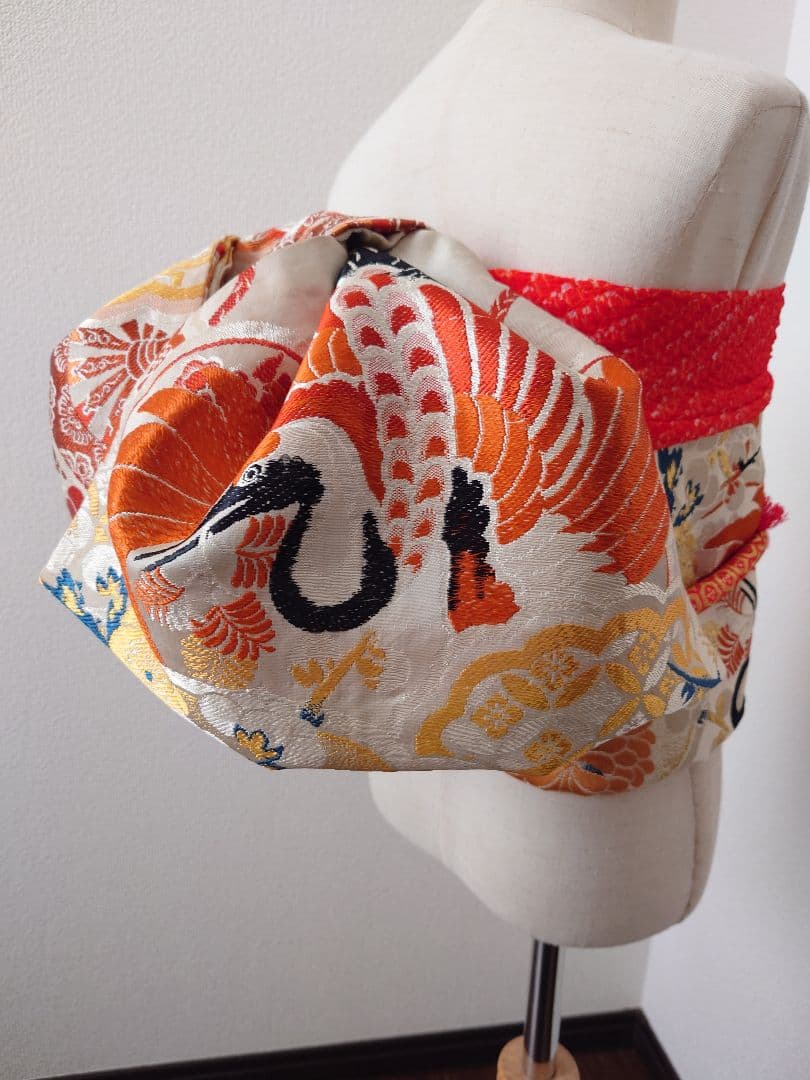 正絹袋帯からの作り帯　文庫結び　アンティーク　七五三ジュニア帯　鶴