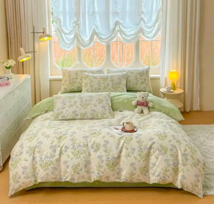 新品★レースフラワー忘れな草柄綿100%シングル掛け布団カバー枕カバーセット