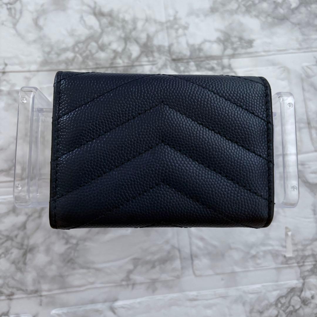 YSL サンローラン ネイビー レザー 三つ折り財布 ゴールドロゴ
