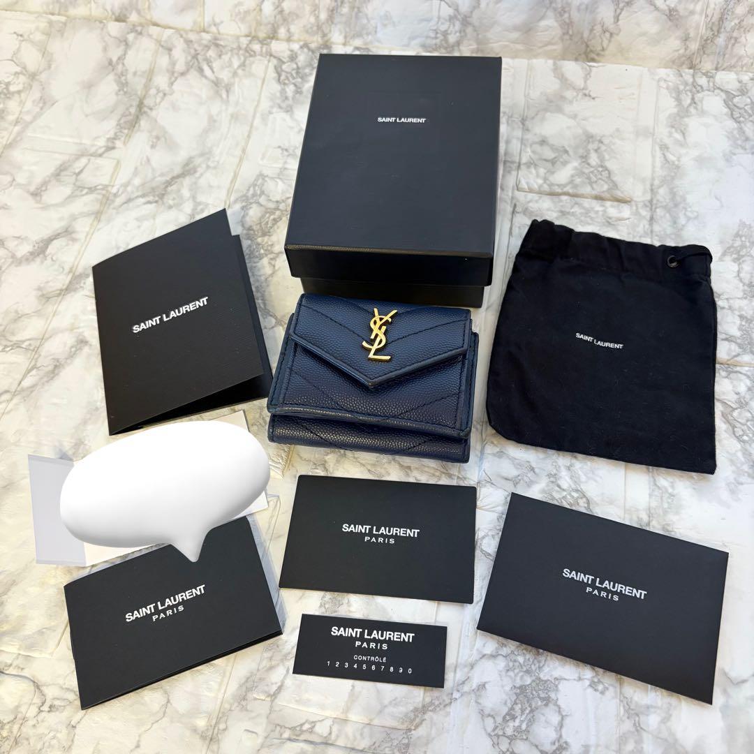 YSL サンローラン ネイビー レザー 三つ折り財布 ゴールドロゴ