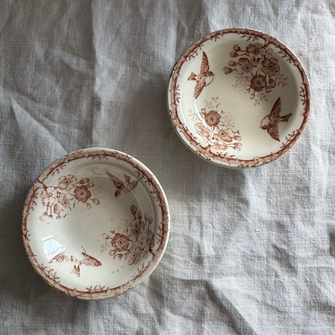 フランスアンティーク 希少なおままごとプレート2枚セット 花と鳥の模様