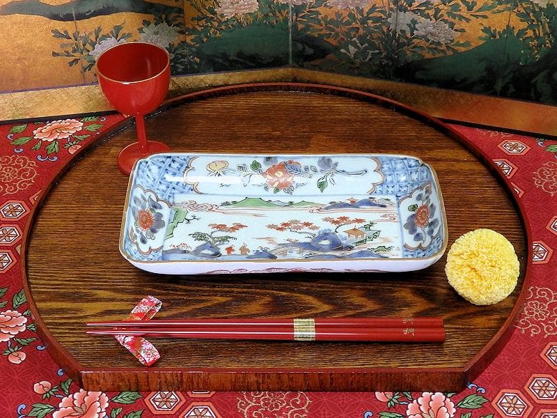 古伊万里　染錦　山水牡丹菊紋　長皿　柴田コレクション同手　E406AS-DBs