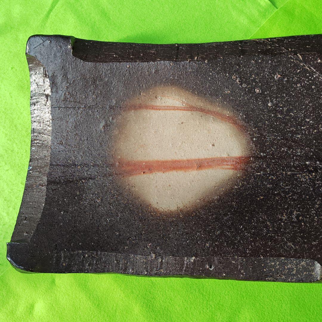 名品、黒備前長方皿、人間国宝伊勢崎淳、最上級、直筆墨書色紙オリジナル額付、