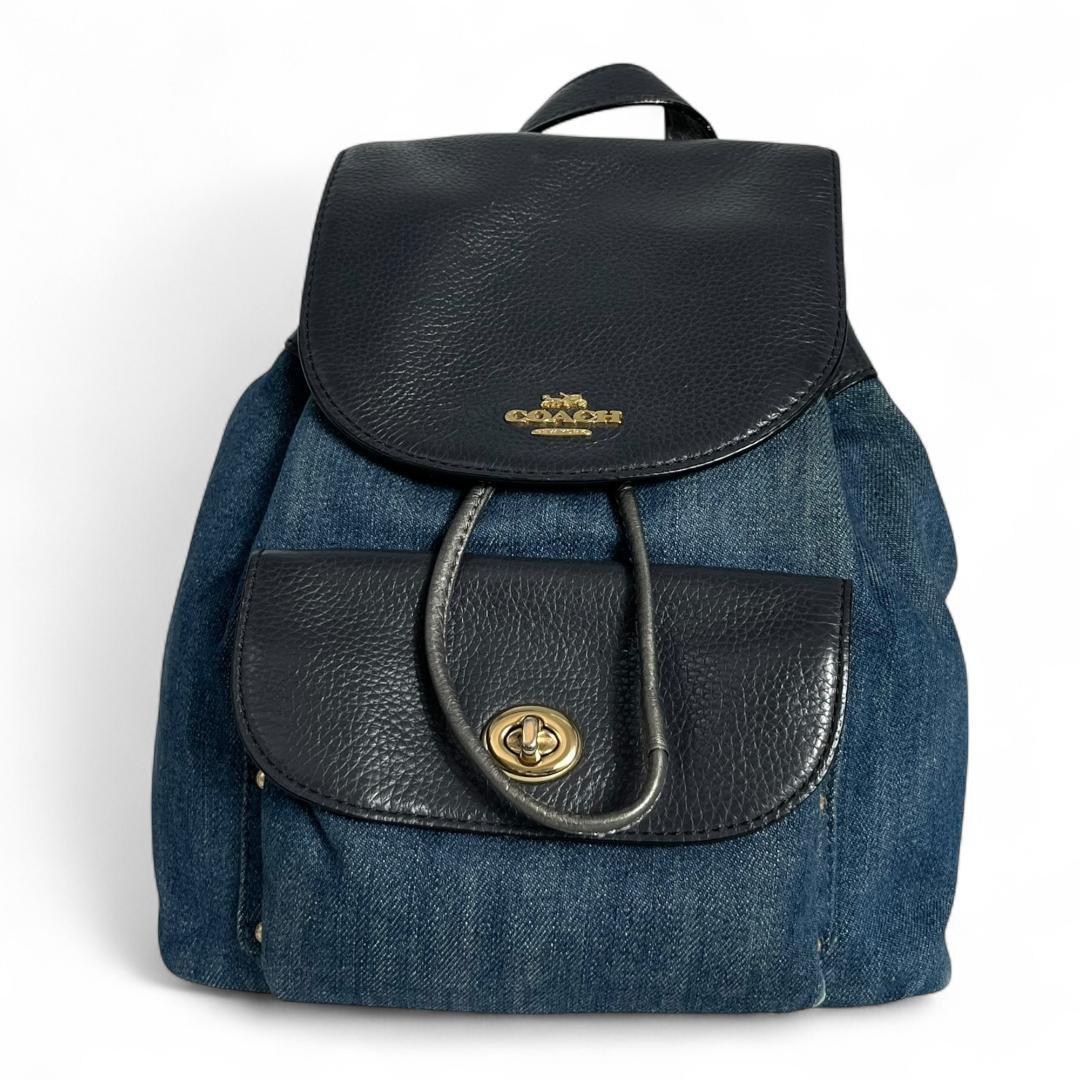 美品 COACH バックパック デニム レザー ネイビー ターンロック 花柄