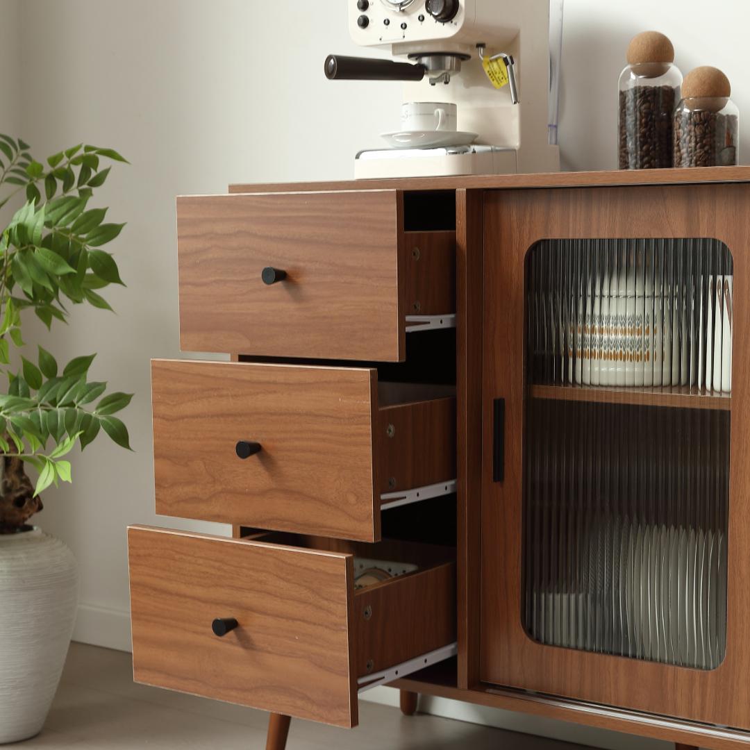 【新品】大容量サイドボード 引き戸付き おしゃれ 北欧木目 収納チェスト