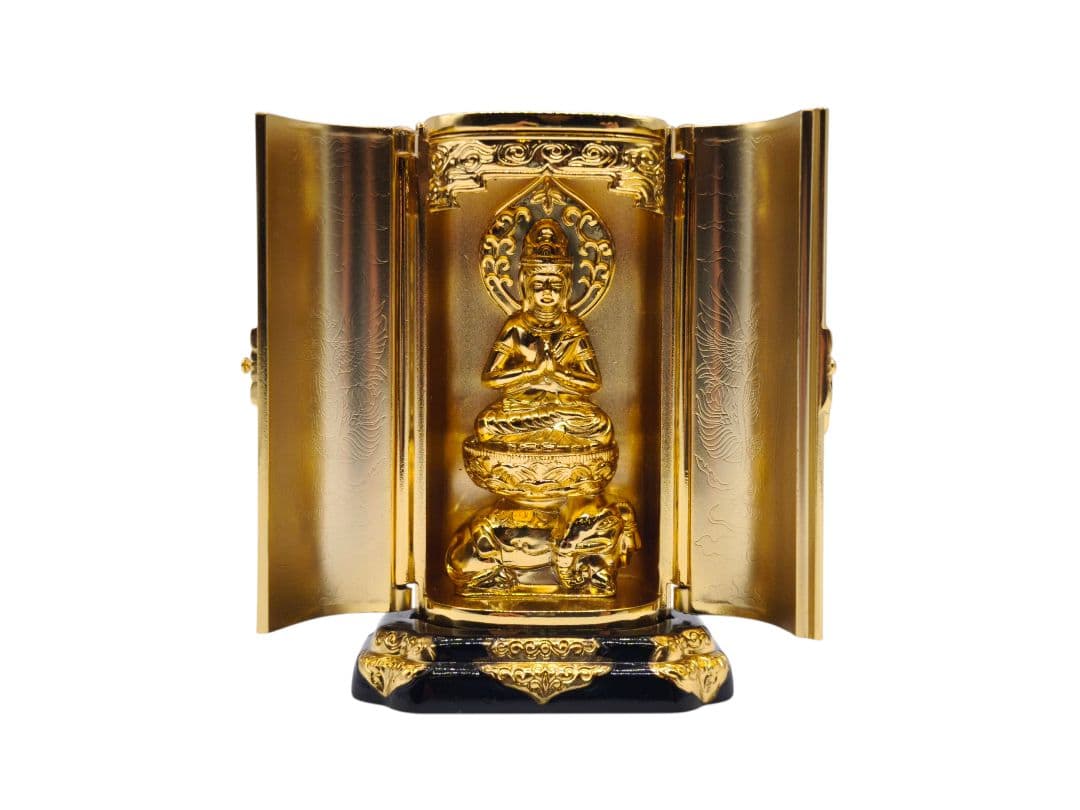 守り本尊 普賢菩薩 豆厨子 竜・巳年 生まれ 金色 開扉 置物 約9.7cm