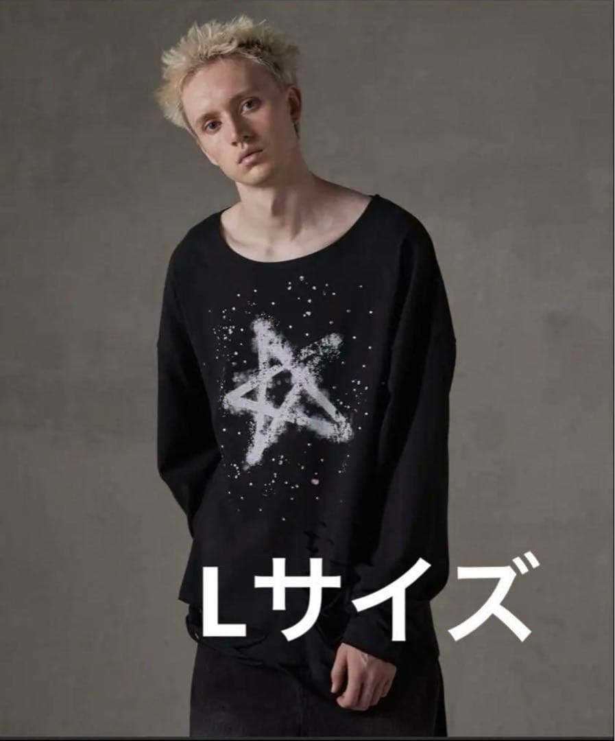 GRANCY ラインストーンデザイン グラフィックダメージ ロンＴ ブラック