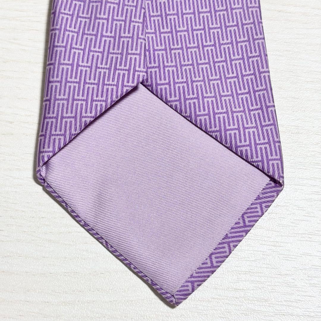 HERMES エルメス H柄 ロゴ 総柄 紫色 シルク ネクタイ フランス製