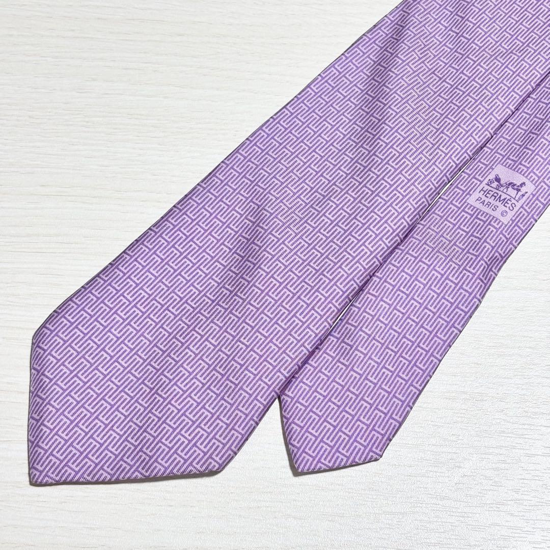 HERMES エルメス H柄 ロゴ 総柄 紫色 シルク ネクタイ フランス製