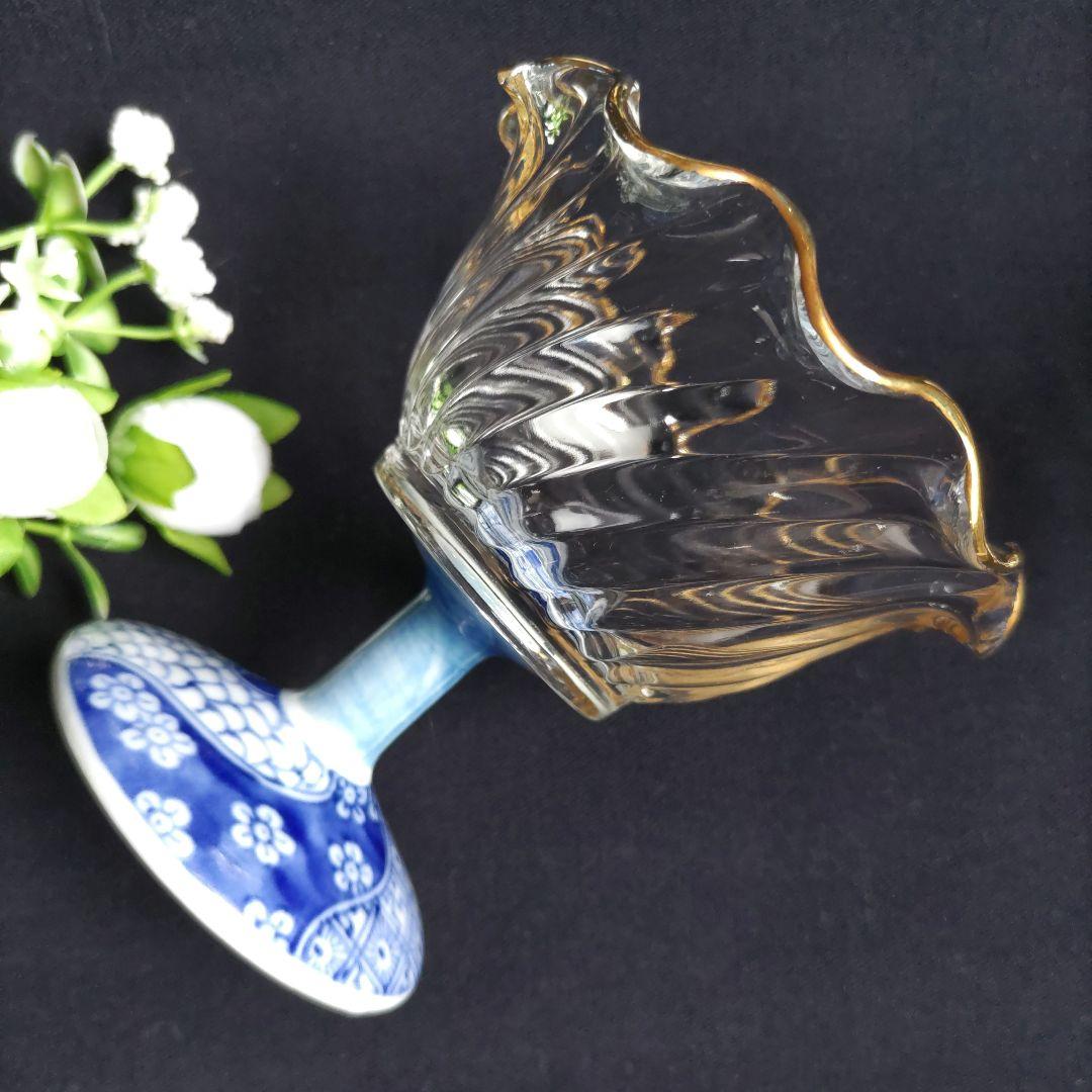 未使用　三洋陶器龍峰窯　染付捻祥瑞　ガラスデザート鉢　足付高台小鉢　金彩５客箱入