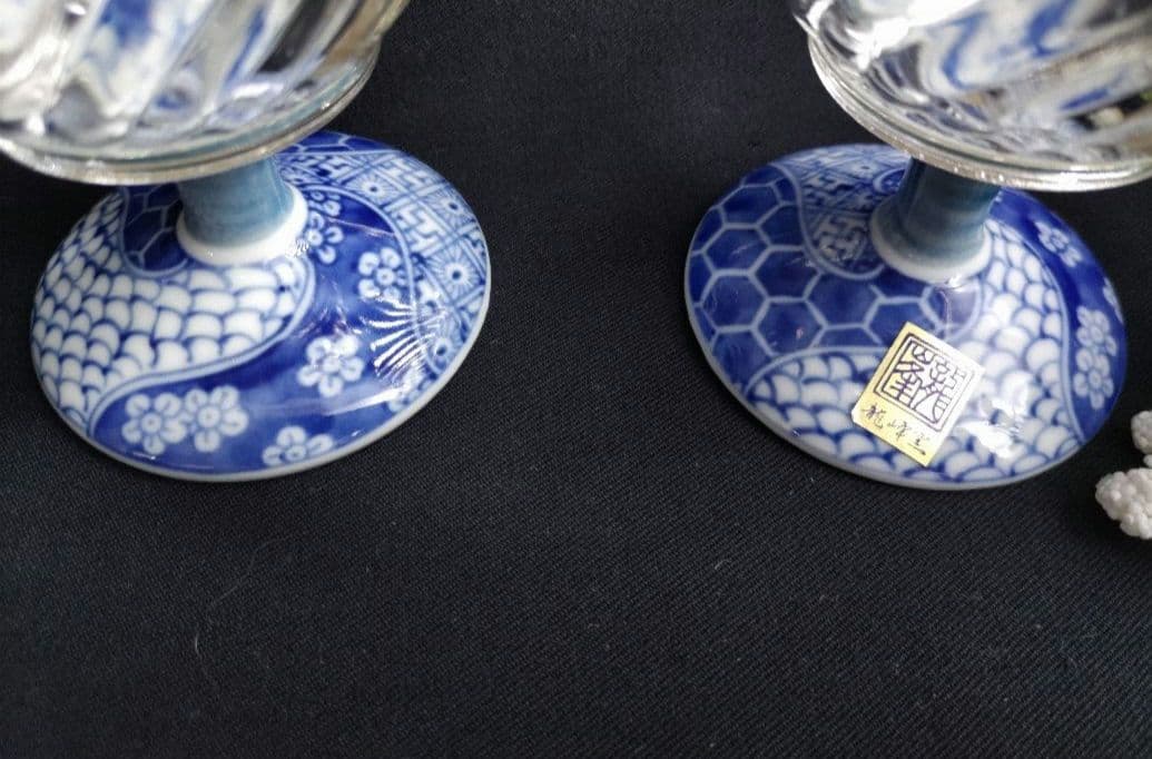 未使用　三洋陶器龍峰窯　染付捻祥瑞　ガラスデザート鉢　足付高台小鉢　金彩５客箱入